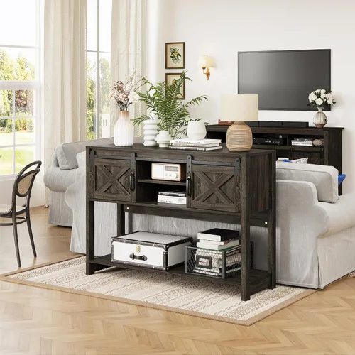 Miniatura 9 de RoyalCraft - Mesa de consola con estante de almacenamiento y puerta corrediza estilo granja, mesa de entrada estilo granja con almacenamiento, mesa