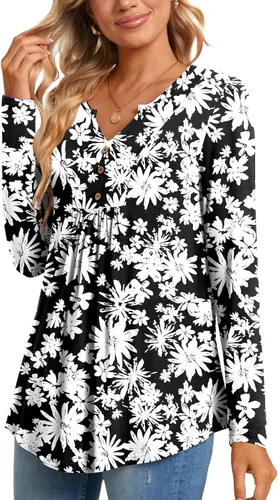 Miniatura 3 de CATHY Blusa tipo túnica de manga larga para mujer, cuello en V, con botones, informal, plisada, básica