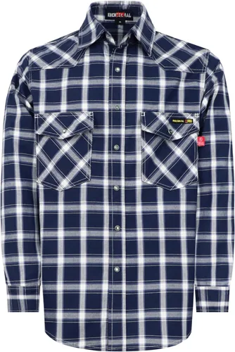 Miniatura 22 de BOCOMAL Camisas FR Resistente a la llama 100% C NFPA2112 7.5oz Camisa de soldadura resistente al fuego para hombres Cuadros azul marino/blanco