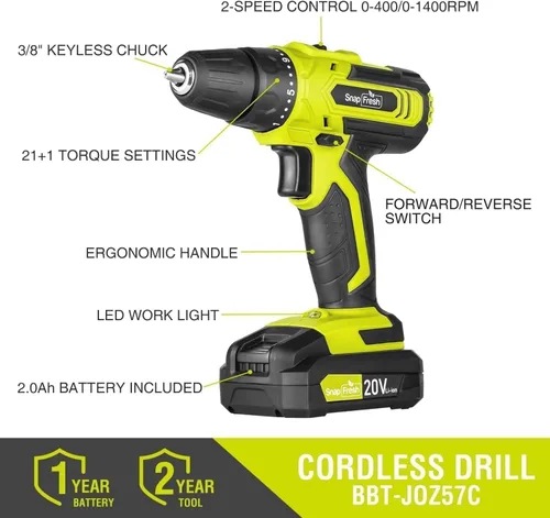 Miniatura 7 de SnapFresh Juego de taladro inalámbrico de 20 V, taladro eléctrico de 3/8 pulgadas con 2 velocidades variables, ajuste de par 21+1, LED, 43 brocas