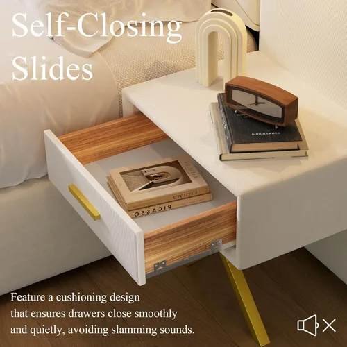 Miniatura 4 de DEINPPA Base de cama Queen de lujo con luces LED doradas integradas y mesitas de noche, cama de plataforma tamaño Queen con cabecera tapizada