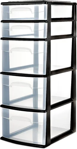 HOMZ Torre de cajones, unidad organizadora de almacenamiento de plástico transparente de 5 niveles, marco negro, cajones multiusos para dormitorio,