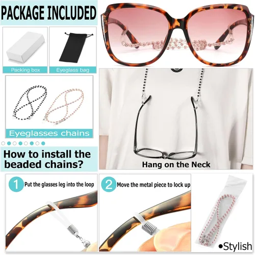 Miniatura 6 de Elegantes gafas de lectura de ojo de gato, lentes de sol de gran tamaño con cadena de lentes de moda portátiles para mujeres Paquete de 2 gafas