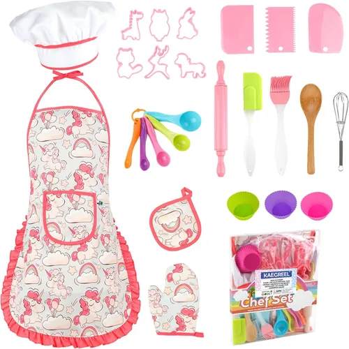 KAEGREEL Juego de chef para hornear para niños con delantal de unicornio y manopla, juego de cocina para niños de 26 piezas con sombrero de chef,