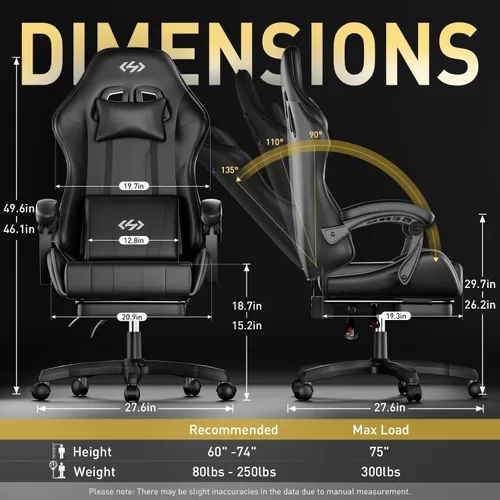 Miniatura 3 de HLDIRECT Silla de juegos, silla ergonómica de oficina para computadora con soporte lumbar, reposapiés, reposacabezas, piel sintética, giro de 360°
