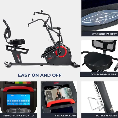 Miniatura 6 de Sunny Health & Fitness Elite Bicicleta reclinada de entrenamiento cruzado y máquina elíptica con ejercitadores de brazos para entrenamiento