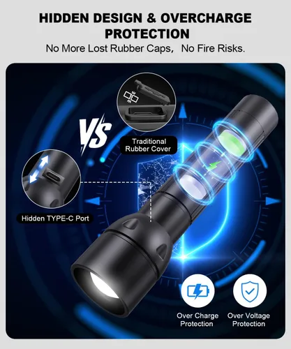 Miniatura 3 de Linterna recargable USB C de alto lúmenes, 800L, luz de flash súper brillante con 12 horas de larga vida, 5 modos, zoomable, impermeable, potentes