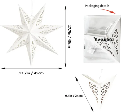 Miniatura 4 de Lámpara de estrella de papel hueca con diseño de estrella colgante para decoración de bodas, Navidad, festividades, cumpleaños, celebración (Blanco)