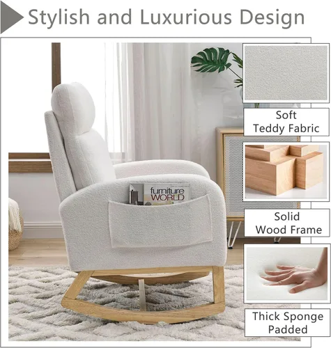 Miniatura 4 de Mecedora para guardería con patas de madera maciza, silla deslizante para guardería con dos bolsillos laterales, sillón mecedor para sala de estar