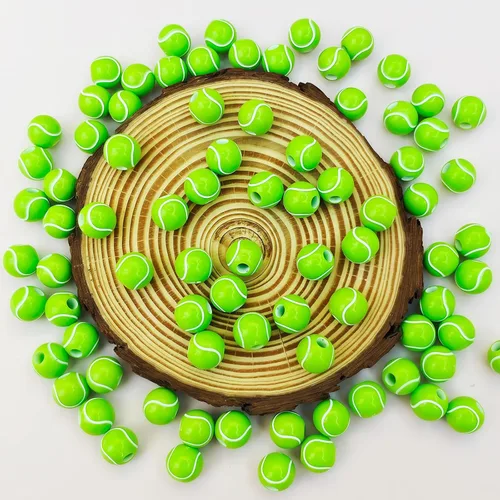 Miniatura 3 de 100 cuentas de pelota de tenis a granel, cuentas deportivas de tenis verdes acrílicas, cuentas espaciadoras redondas con cuerda elástica