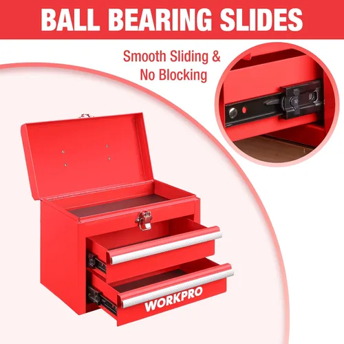 Miniatura 4 de WORKPRO Caja de herramientas portátil mini, caja de herramientas metálica con 2 cajones y rodamientos de bolas, almacenamiento superior con cierre