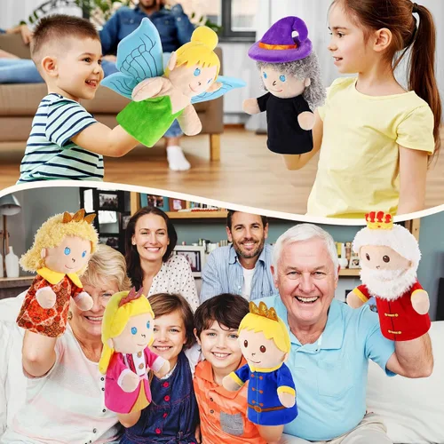 Miniatura 7 de 6 piezas de marionetas de mano de castillo de cuentos de hadas, reina y rey, princesa y príncipe, elfo y bruja, juguetes de peluche para niños