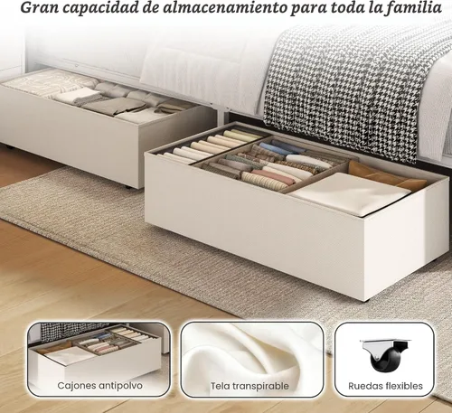 Miniatura 5 de Fluest Base de cama Queen con cabecero, cajones de almacenamiento, estación de carga rápida, luces LED, marco de cama tamaño Queen con cajones