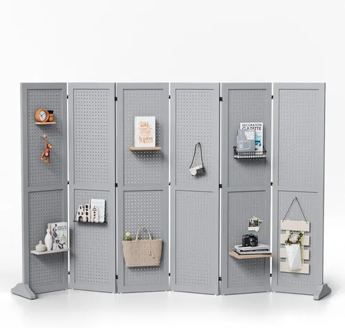 Miniatura 10 de Bonnlo Tablero de Clavijas de 4 Paneles Independiente, Organizador de Tablero de Exhibición Portátil de 5 Pies para Espectáculo de Artesanías y Gris