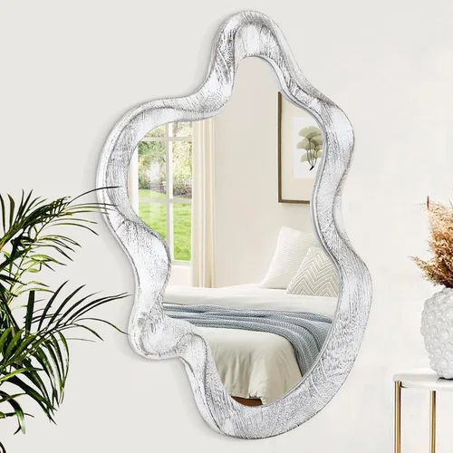 Miniatura 14 de Espejo asimétrico para decoración de pared, grande, moderno, ondulado, con marco de madera, espejo de pared con forma única montado en pared