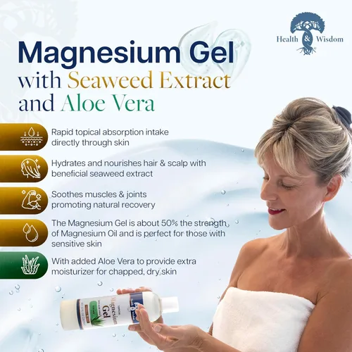 Miniatura 2 de Health and Wisdom Gel de magnesio puro con extracto de algas marinas y aloe vera, alivio tópico muscular y articular, hidratante natural y pura