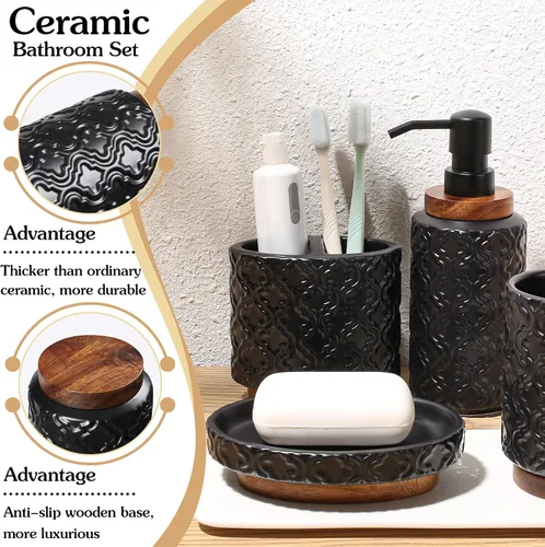 Miniatura 3 de RQYIXI - Juego de accesorios de baño de 4 piezas, soporte para cepillo de dientes, dispensador de jabón, decoración de baño de cerámica y madera