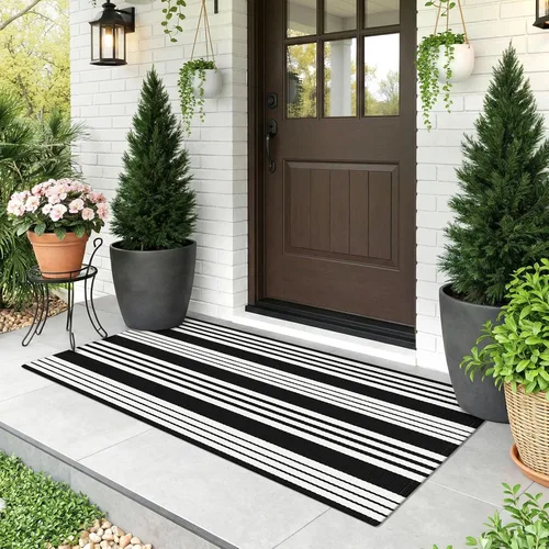 Miniatura 19 de KOZYFLY Alfombra a rayas blancas y negras de 2 x 3 pies, tejido de algodón, lavable, para interiores y exteriores, alfombra pequeña para puerta