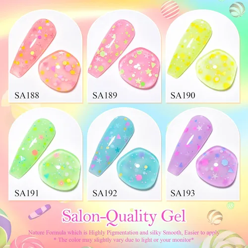 Miniatura 10 de MEET ACROSS Juego de esmaltes de uñas de gel luminosos de caramelo de 6 colores, esmalte de uñas de gel que brilla en la oscuridad con cepillo
