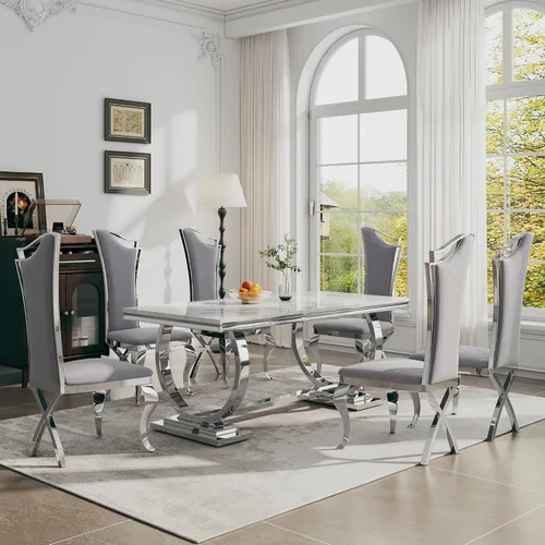 Miniatura 15 de Juego de mesa de comedor de 7 piezas, mesa de cocina de lujo de mármol sintético blanco de 70 pulgadas y 6 sillas copetudas de terciopelo beige