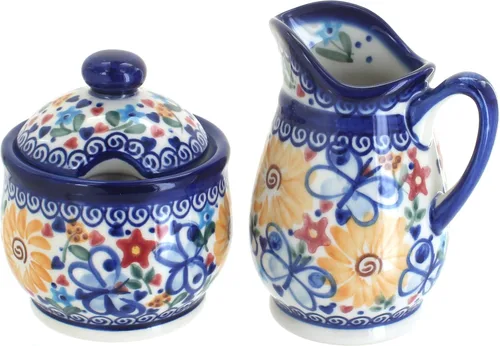 Miniatura 3 de Set de crema y azúcar de flor de manzana y cerámica polaca de rosa azul