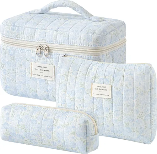 Miniatura 45 de HBselect Bolsa de Maquillaje Acolchada, 3 Piezas de Gran Bolsa de Maquillaje de Viaje de Algodón, Linda Bolsa de Maquillaje Floral Coquette, Bolsa