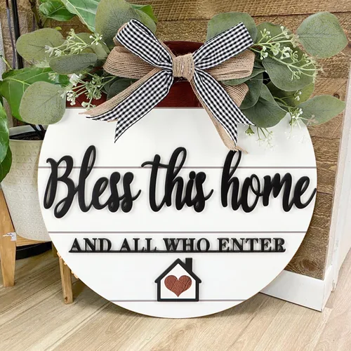 Miniatura 2 de TOARTi Letrero 3D de madera "Bless This Home" para colgar en la puerta, señal de bienvenida para porche y pared con lazo-nudo y guirnalda, señal