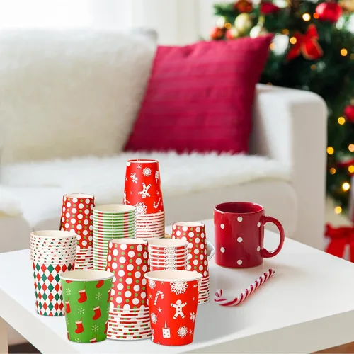 Miniatura 7 de Umigy 100 vasos de papel de Navidad a granel desechables de 9 onzas, tazas de café de chocolate caliente, medias de árbol de Navidad, pan