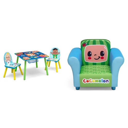 Delta Children Juego de mesa y silla para niños con almacenamiento (2 sillas incluidas) y silla tapizada, madera CoComelon