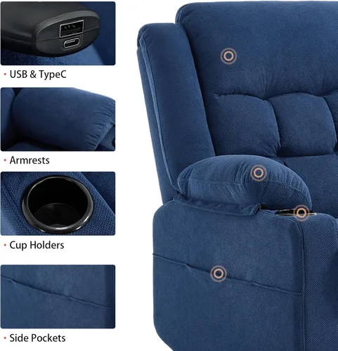 Miniatura 6 de Silla reclinable eléctrica para personas mayores con calor y masaje, sillas reclinables para adultos, reclinables de tela mejorada con puerto de Azul