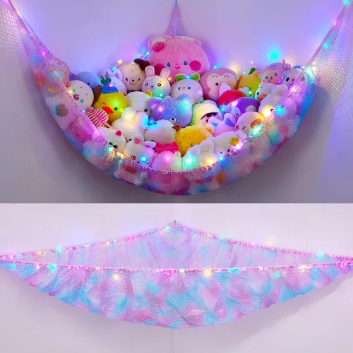 Miniatura 24 de Unicorn Castle Red de animales de peluche o hamaca organizador de almacenamiento de juguetes para niños con luz LED colgante en esquina soporte