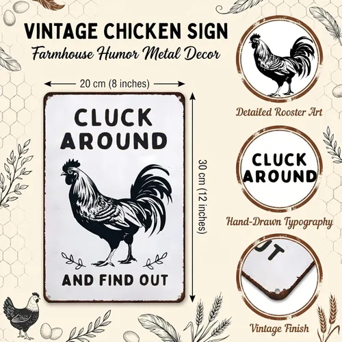 Miniatura 2 de Smilelife Regalo Gracioso de Pollo Letrero de Metal con Texto en Inglés "Chicken Cluck Around and Find Out" para Decoración de Hogar, Granja, Blanco