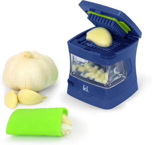 Miniatura 8 de Prensa de ajo Garlic-A-Peel, trituradora, cortadora, picadora y contenedor de almacenamiento - Incluye pelador de ajo de silicona - Fácil de limpiar