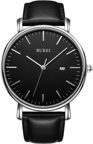 BUREI Relojes para hombre Marrón Cuero Moda Minimalista Reloj de pulsera Simple Ultra Fino Resistente al agua Relojes de cuarzo Todo Negro Correa de