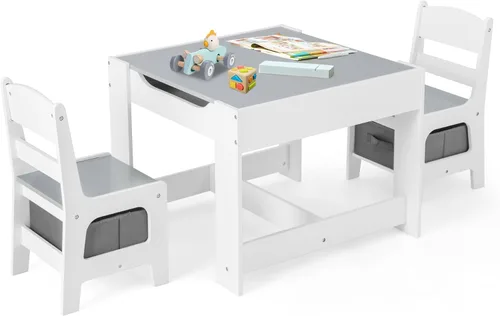 Miniatura 9 de Olakids Juego de mesa y silla para niños, juego de escritorio de madera 3 en 1 con pizarra extraíble, cajón de almacenamiento, mesa de actividades