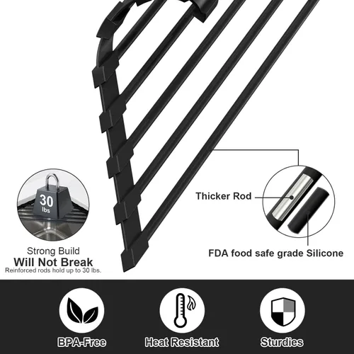 Miniatura 4 de HANZENMA Estante triangular para fregadero, estante multifuncional sobre la encimera, esterilla plegable para secar el fregadero, resistente al Negro