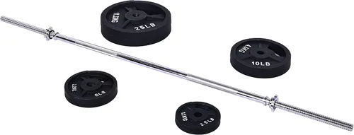 Miniatura 5 de Fitvids Placas de peso estándar de hierro fundido que incluyen barra estándar de 5 pies con cerraduras de estrella, juego de 95 libras