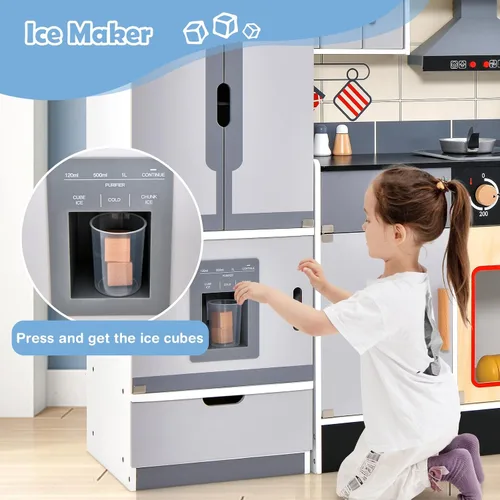 Miniatura 3 de Costzon Cocina de juego de 2 piezas, juego de cocina de juguete de madera con refrigerador, máquina de hielo, campana extractora, horno