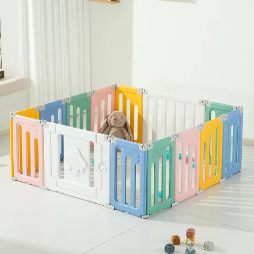 Miniatura 10 de Bestgame - Corralito para bebés - 14 paneles extragrandes plegables para niños pequeños, valla portátil en forma de OVNI, puerta, patio - Azul