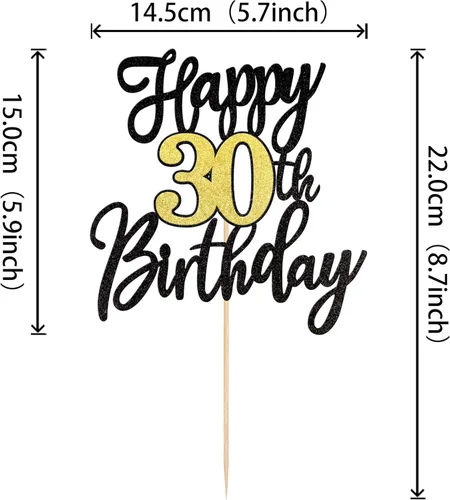 Miniatura 2 de 1 pieza de decoración para pastel de feliz cumpleaños número 30, negro dorado con purpurina, brindis por 30 años, palillo para pastel de cumpleaños