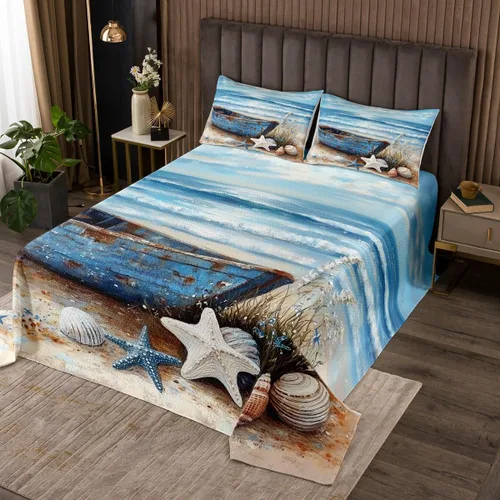 Miniatura 15 de Erosebridal Juego de colcha náutica, juego de edredón de lancha de vela, faro, acuarela con temática oceánica, juego de ropa de cama de verano