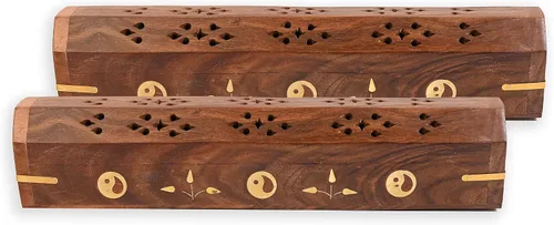 Miniatura 9 de Paquete de 2 soportes para varillas de incienso, estilo ataúd, quemador de incienso de madera con incrustaciones de BUDDHA (NATURAL) hecho a mano