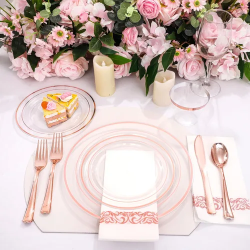 Miniatura 2 de Juego de vajilla de 350 piezas de color oro rosa de DaYammi – Incluye: 50 platos de cena de 26 cm, 50 platos de postre de 19 cm, 50 cubiertos de oro