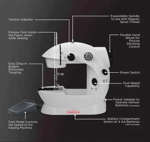 Miniatura 3 de Sunbeam Máquina de coser pequeña portable portable Pedal de pie adaptador de CA y Kit de más de 75 piezas de costura incluido, caída en bobina