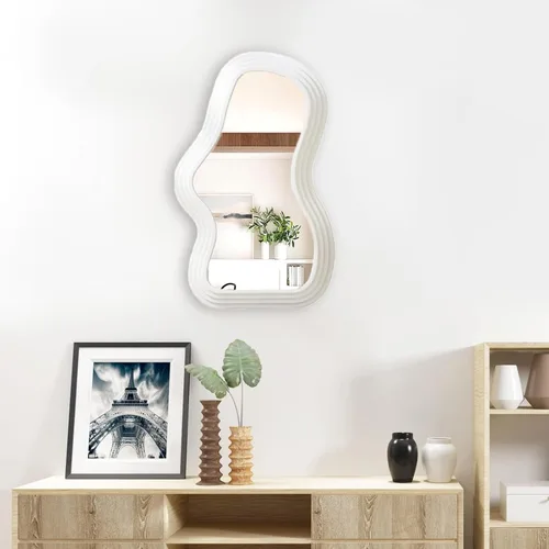 Miniatura 7 de Mokoze Espejo de pared asimétrico, acento decorativo irregular para dormitorio, entrada, sala de estar, decoración estética blanca para montaje