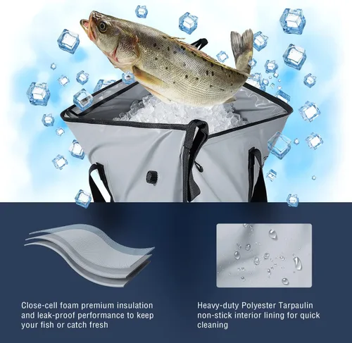 Miniatura 6 de Buffalo Gear Bolsa térmica aislada - Enfriador de cebo de 20 x 18 pulgadas, bolsa impermeable para matar peces Gris