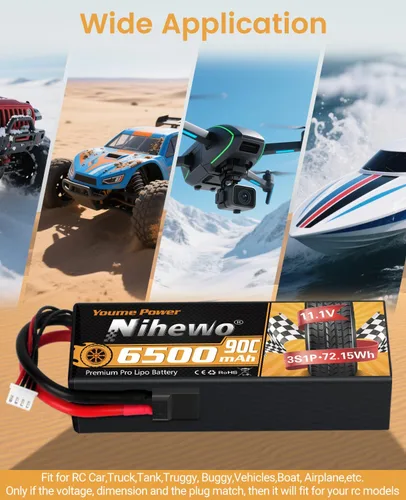 Miniatura 2 de 3S Lipo Battery 11.1V 6500mAh RC Battery 90C Estuche rígido con enchufe Tr + adaptador EC5 compatible con 1/8 1/10 RC camión, coche, vehículos
