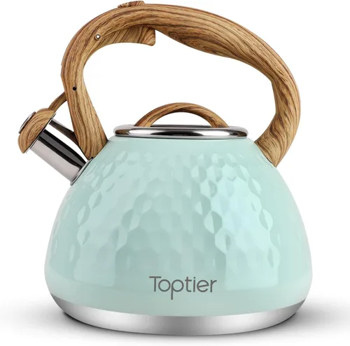 Miniatura 10 de Tetera, Tetera Silbadora Toptier con Mango de Patrón de Madera Silbato Fuerte, Tetera de Acero Inoxidable Grado Alimenticio para Estufas de Negro