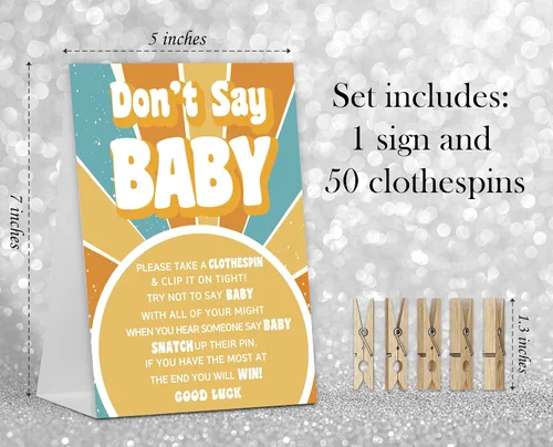 Miniatura 2 de No digas juego de bebé, Here Comes the Sun, juego de baby shower incluye letrero de baby shower y 50 pinzas para la ropa, decoración de baby shower
