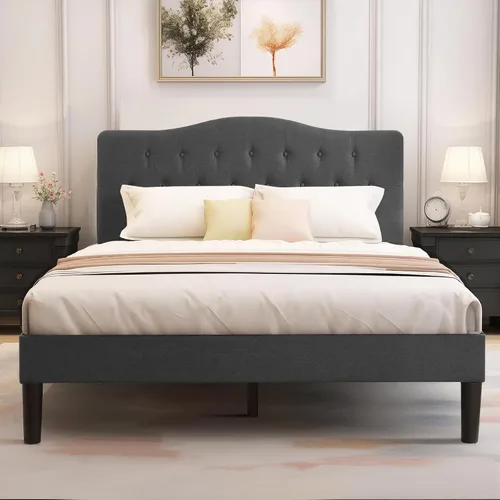 Miniatura 9 de VECELO Base de cama de plataforma de tamaño individual con cabecera tapizada de tela y soporte de listones de madera, no necesita somier/fácil